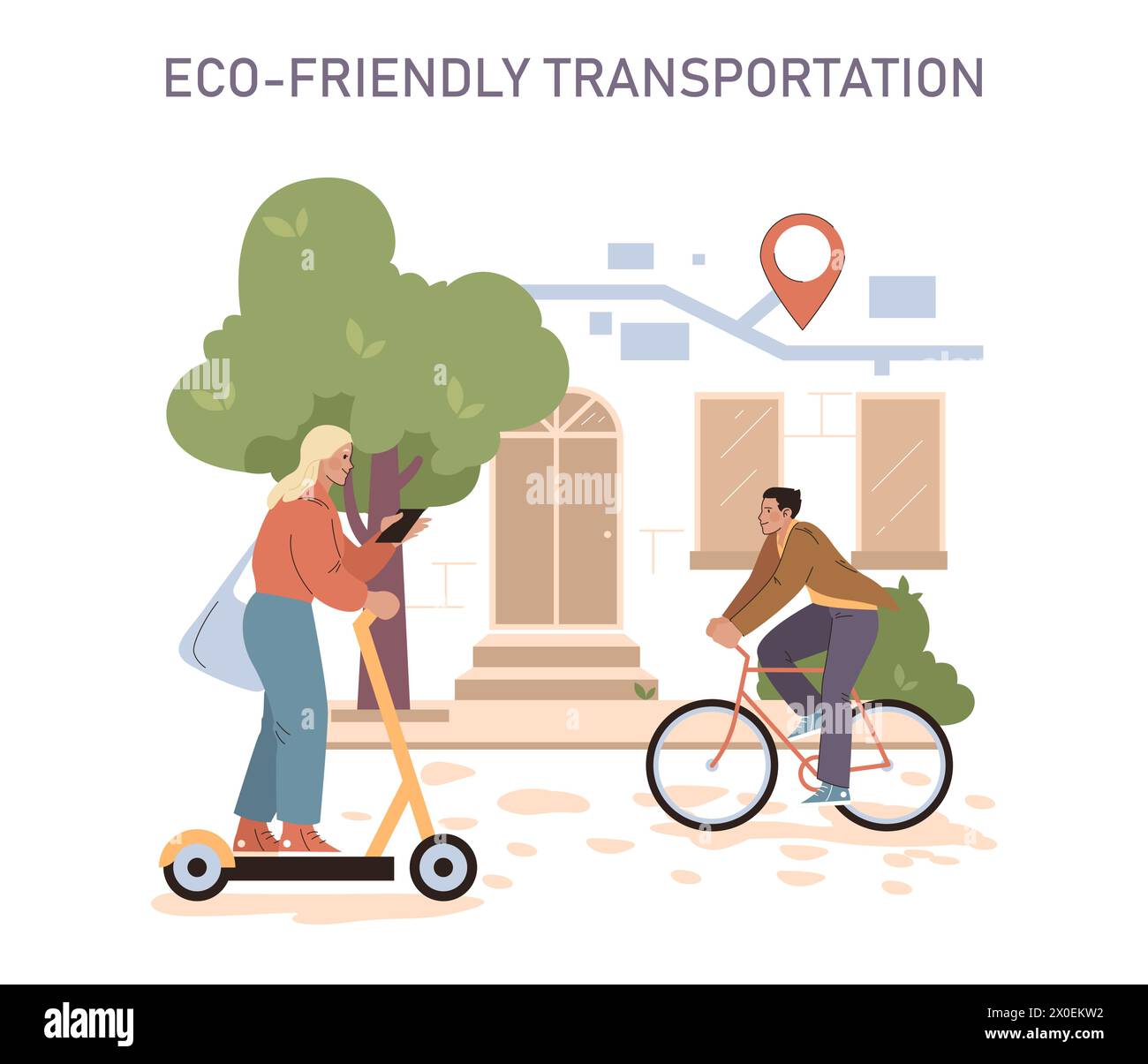 Eco-Friendly Transportation set. Urban commuters using sustainable transport options. Woman on electric scooter and man on bicycle. Clean travel solutions in a city environment. Stock Vector
