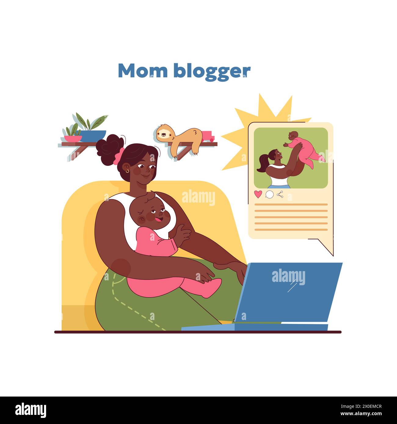 Mom blogger concept. Nurturing mother engages in blogging, sharing heartfelt stories of motherhood with online audience. Homely and intimate insights in social media. Vector illustration Stock Vector
