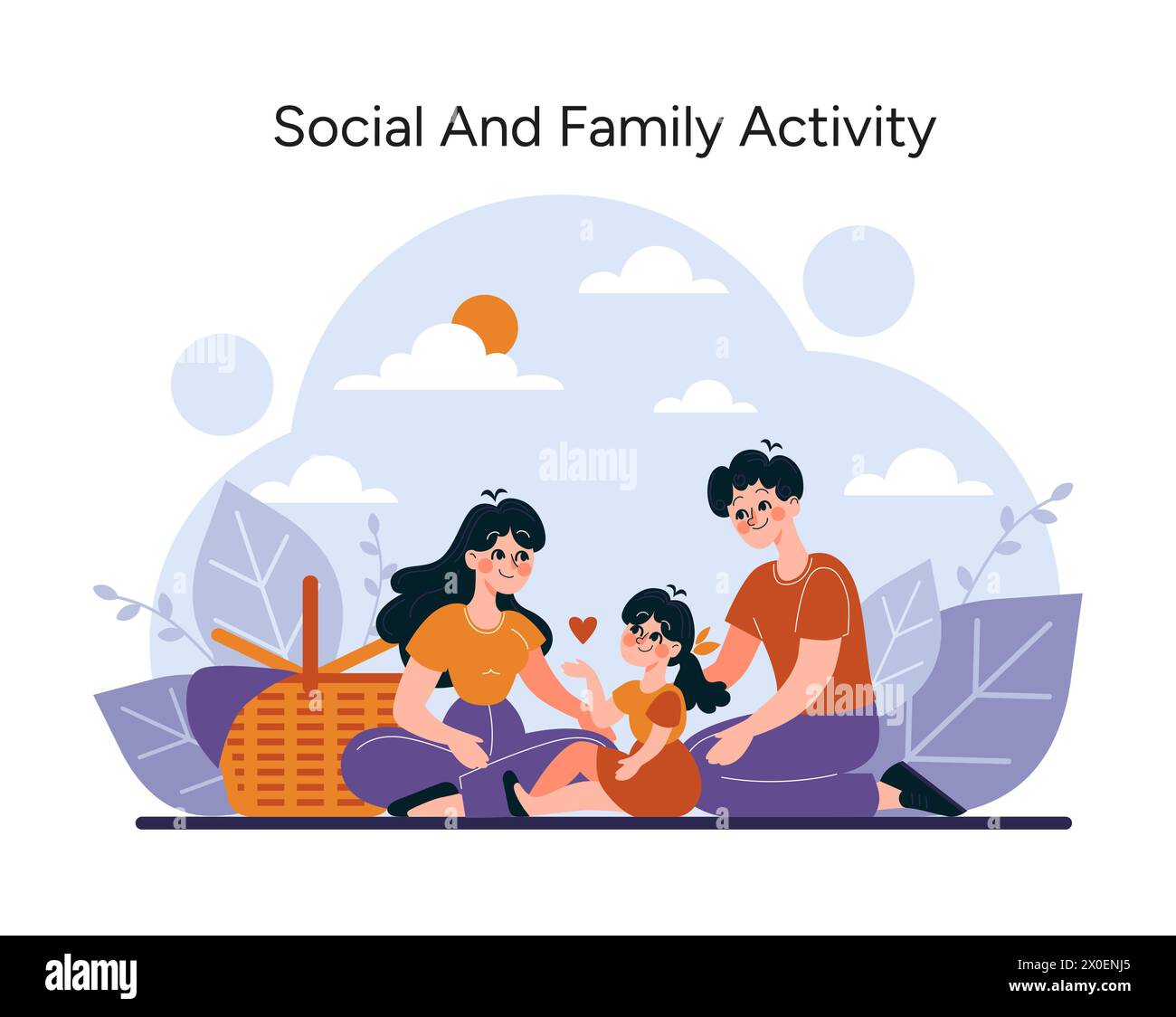 Family picnic set. A heartwarming illustration of quality time, with a parent and children enjoying nature and each other's company. Vector illustration Stock Vector
