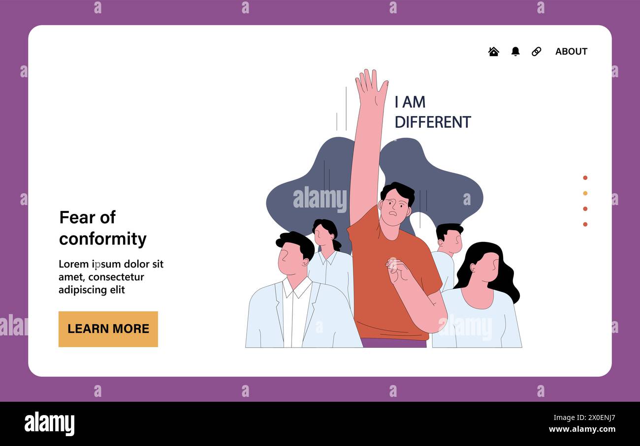 Fear of conformity. Emotional struggle and existential fear of embracing individuality in a conforming crowd. Frightened man jumping out of faceless people. Flat vector illustration Stock Vector