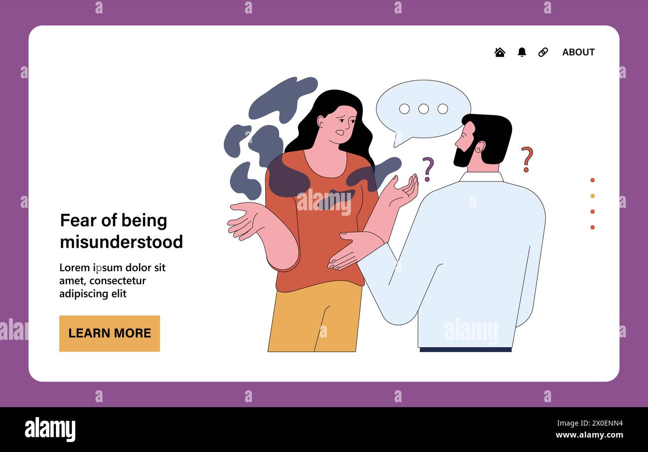 Fear of being misunderstood web or landing. Concerned tense woman, puzzled not understanding man, conflicts in the couple. Problems in communication, crisis in relationship. Flat vector illustration Stock Vector