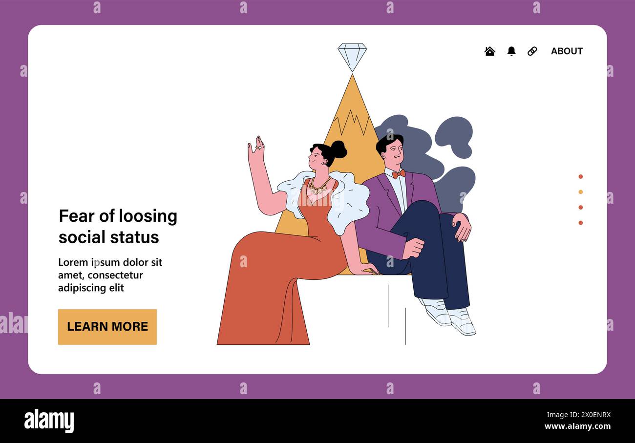 Fear of losing social status web or landing. Luxuries couple on a top of social hierarchy pyramid. Rich wealthy man scared of poverty and losing a status. Flat vector illustration Stock Vector