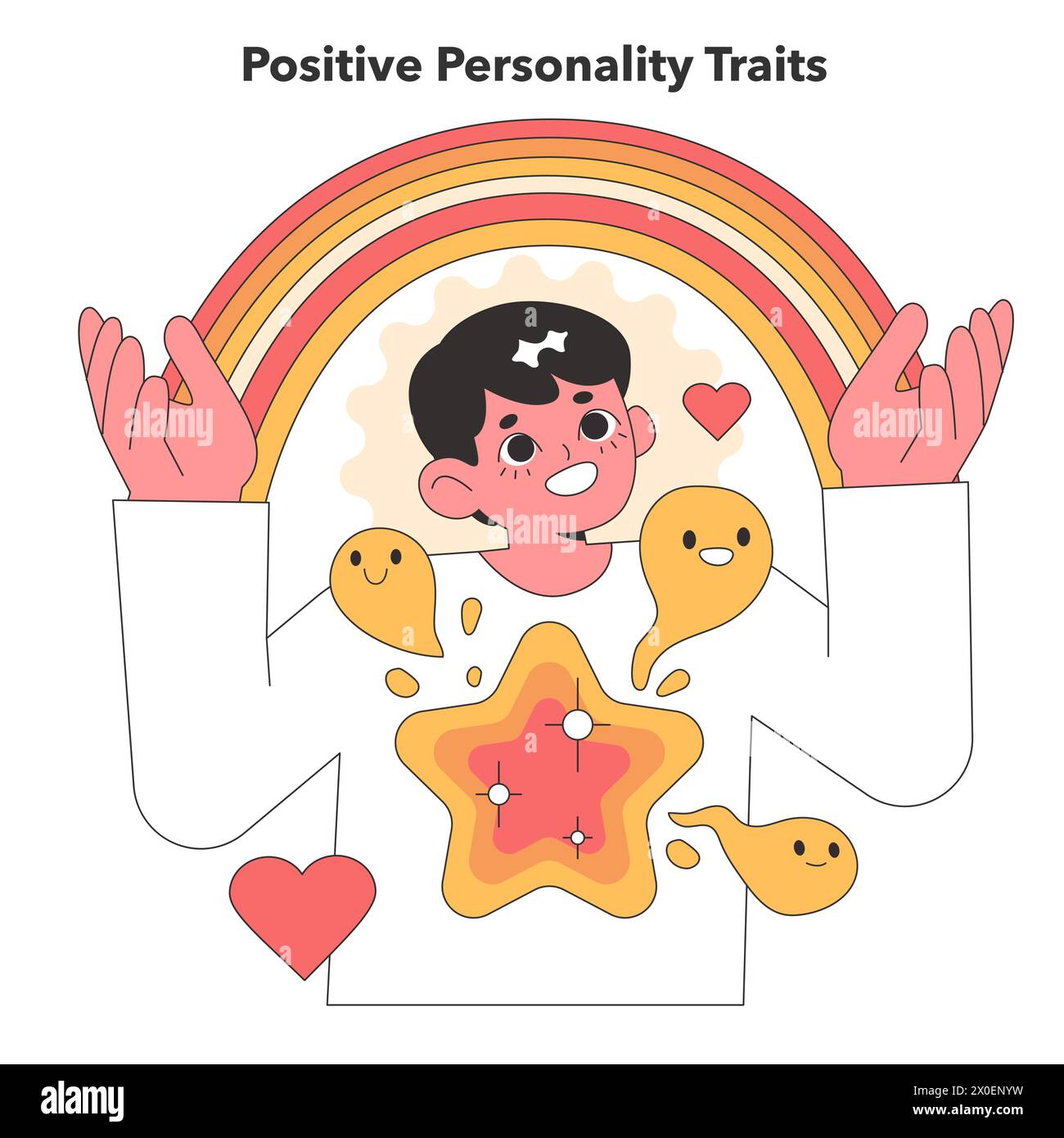 Delightful vector illustration of a character radiating positive personality traits, enveloped by a vibrant rainbow and joyful emoticons, symbolizing optimism Stock Vector