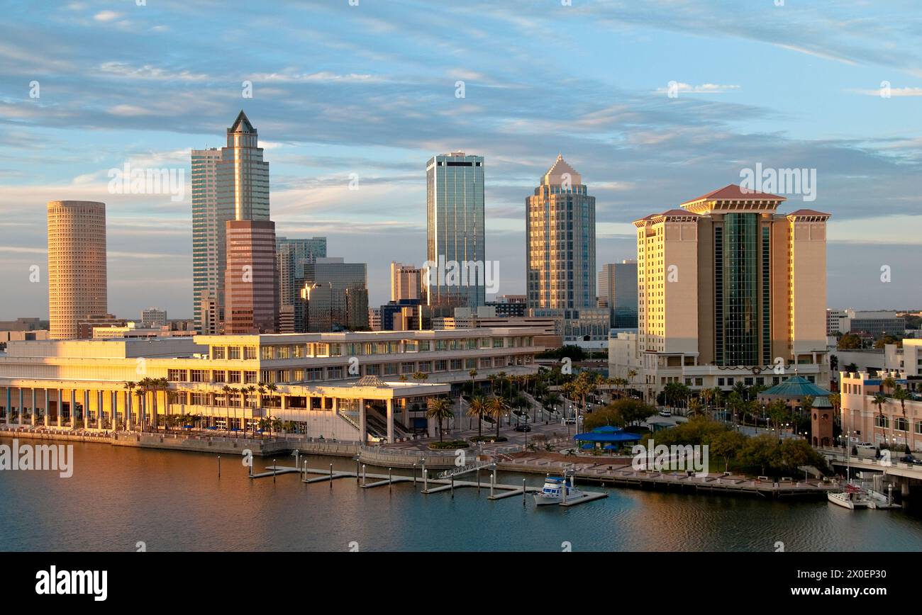 city center, skyline and convention center at the mouth of the Hillsborough River - Tampa Florida, USA Stock Photo