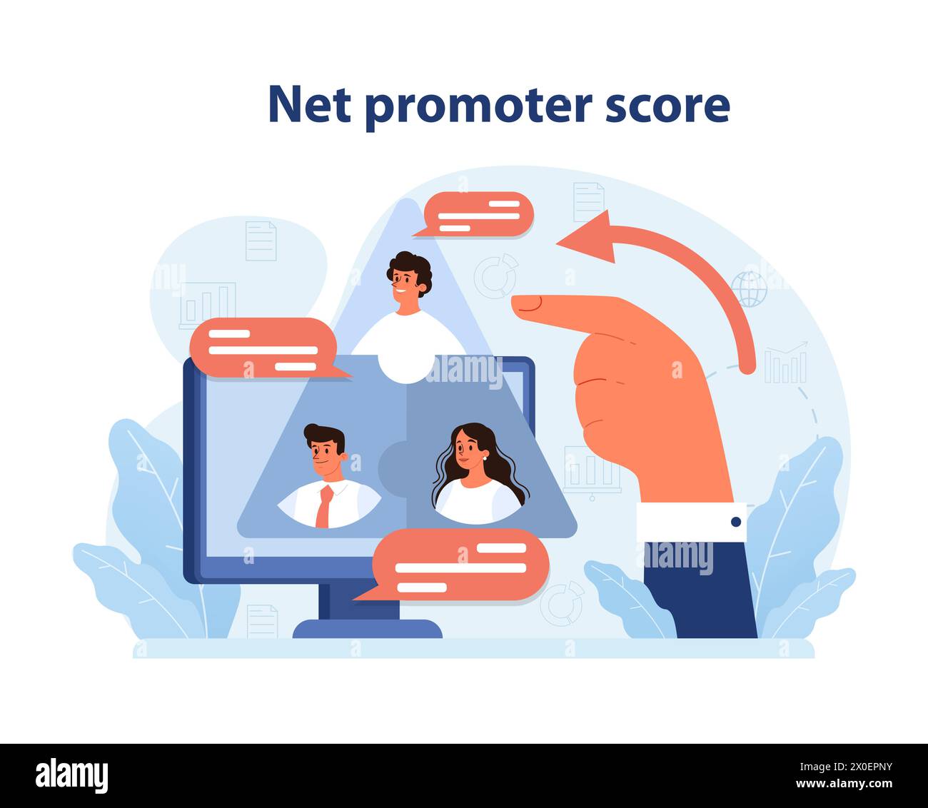 Analyzing Net Promoter Score online, evaluating customer loyalty and satisfaction through feedback. Enhancing business growth with client reviews. Flat vector illustration. Stock Vector
