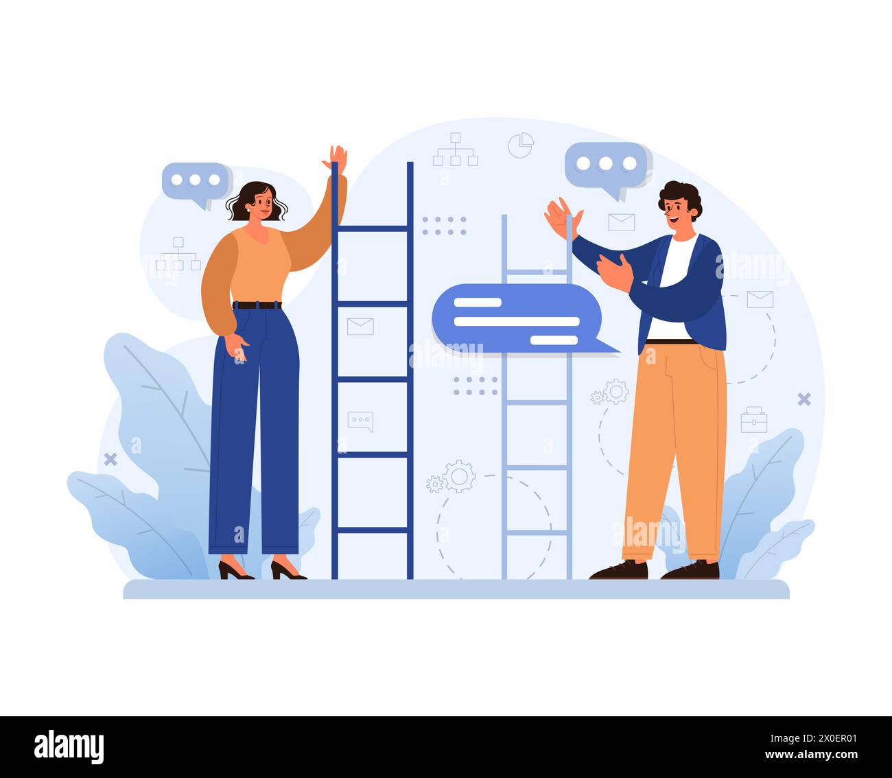 Divergent thinking concept. Duo collaborates on task, arranging digital ...
