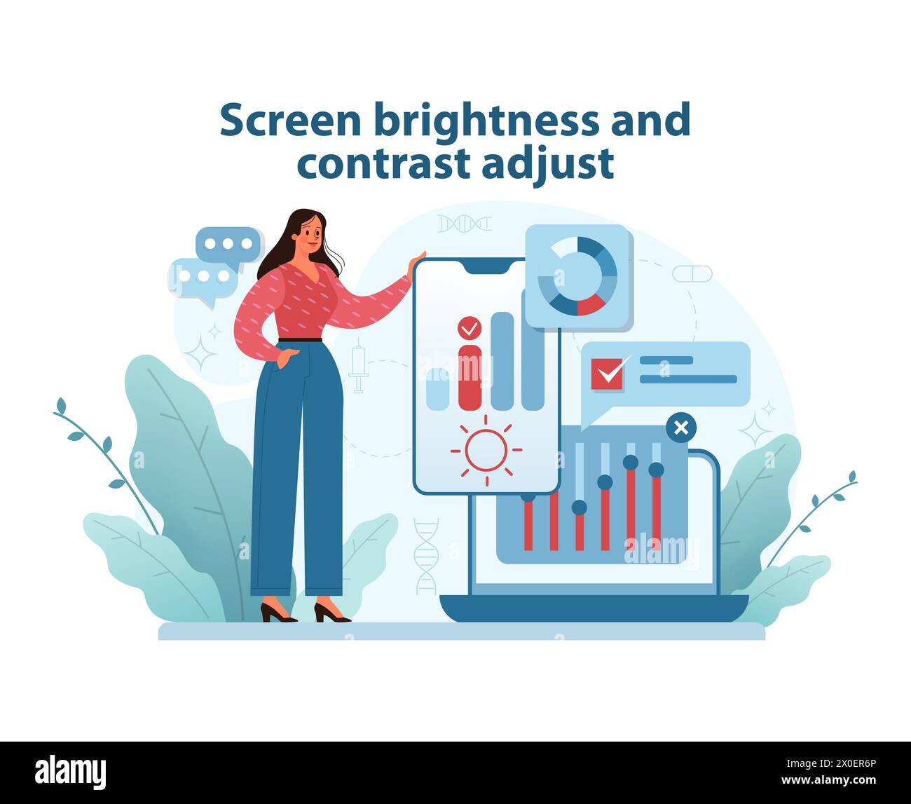 Optimal Screen Settings Illustration. A woman adjusts a display's brightness and contrast