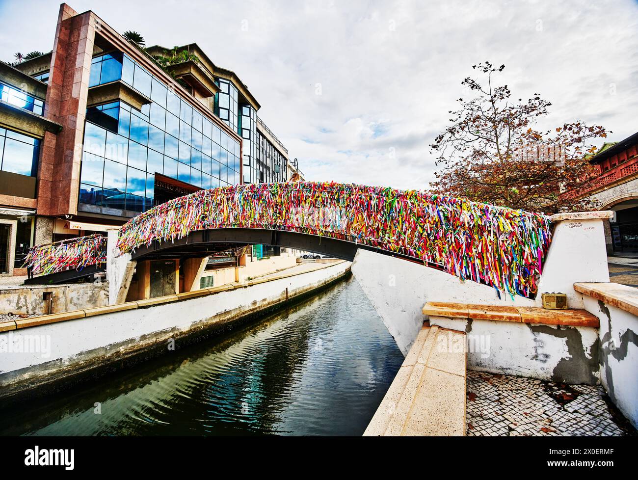 Colored ribbons on the bridge, Aveiro, Portugal, Europe Stock Photo