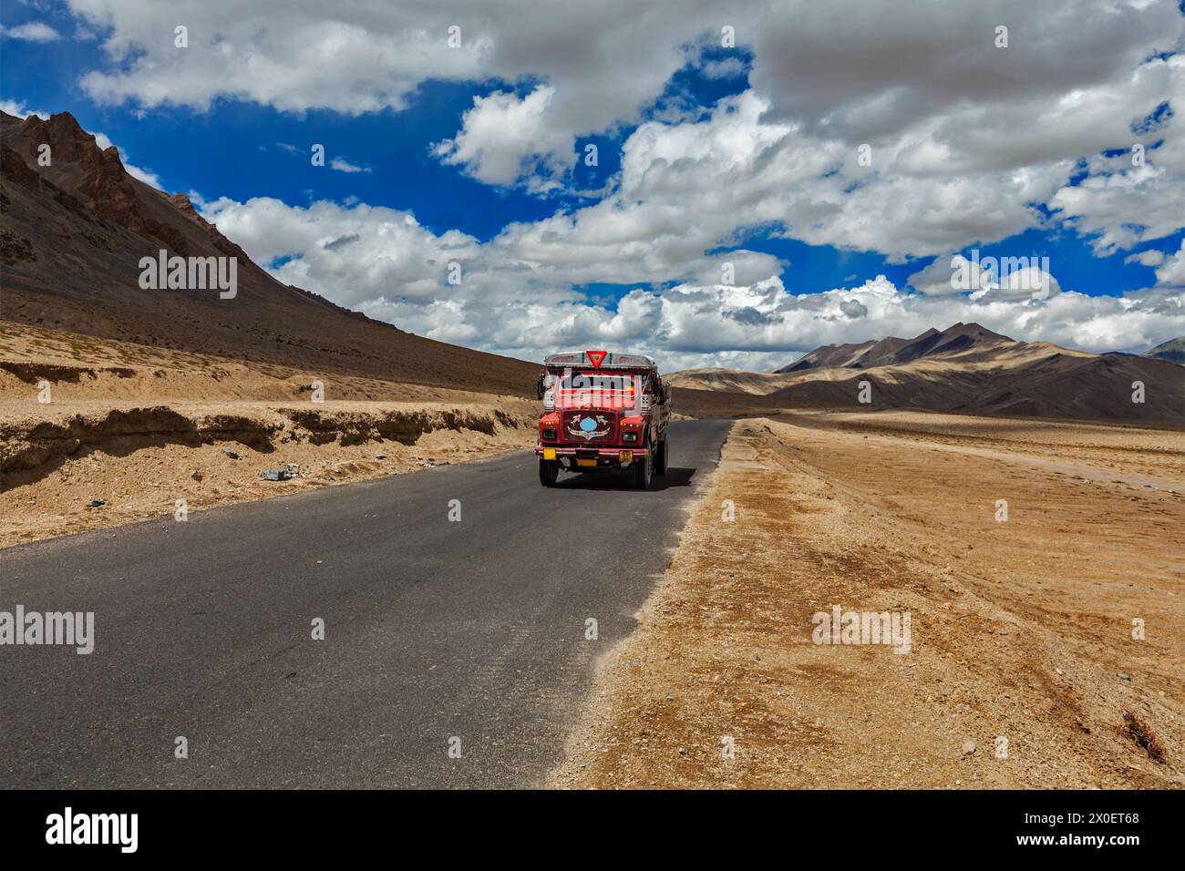 Manali-Leh road in Indian Himalayas with lorry. Ladakh, India Stock Photo