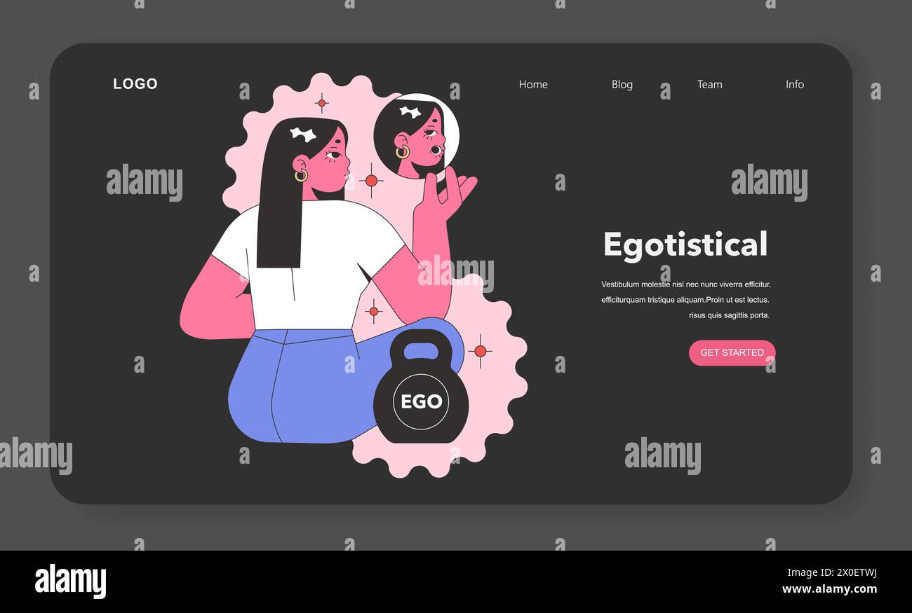 Egotistical Personality trait. Character admiring reflection, illustrating self-absorption and vanity. Flat vector illustration Stock Vector