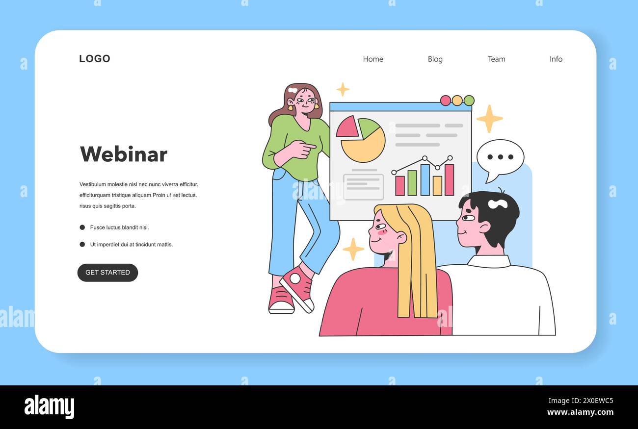 Engaging presentation by a young woman showcasing data to attentive listeners. Bright and interactive learning environment with pie charts, growth graphs and playful elements. Collaborative discussion Stock Vector