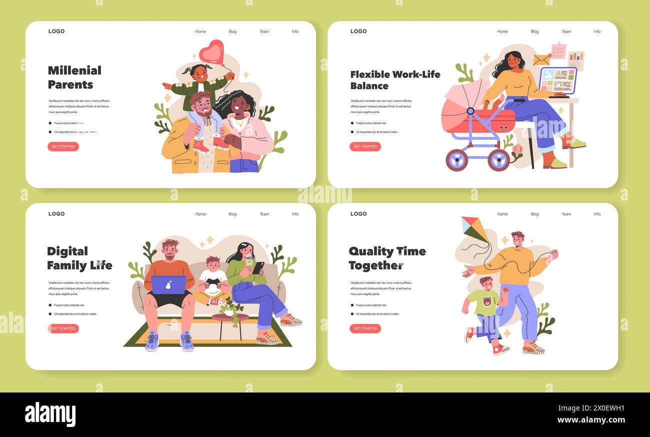 Millennial Parents Website Set. Depicts The Interconnected Life Of Work 