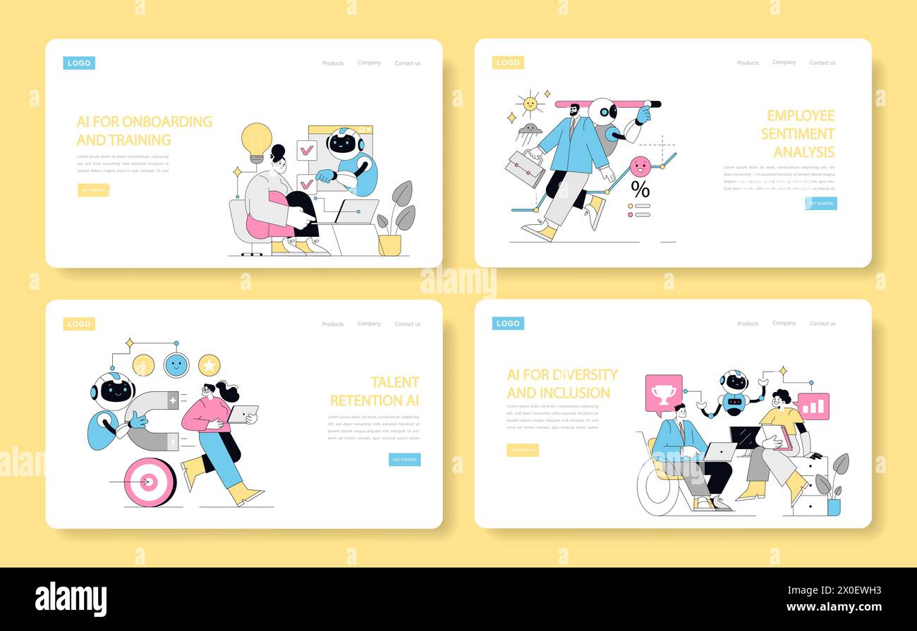AI in HR management set. Illustration of AI applications in onboarding, sentiment analysis, talent retention, and diversity. Interactive robots assisting employees. Vector illustration. Stock Vector