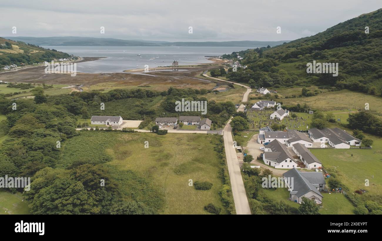 Arncroach Green mountain valley village aerial. Scottish nature landscape of ...