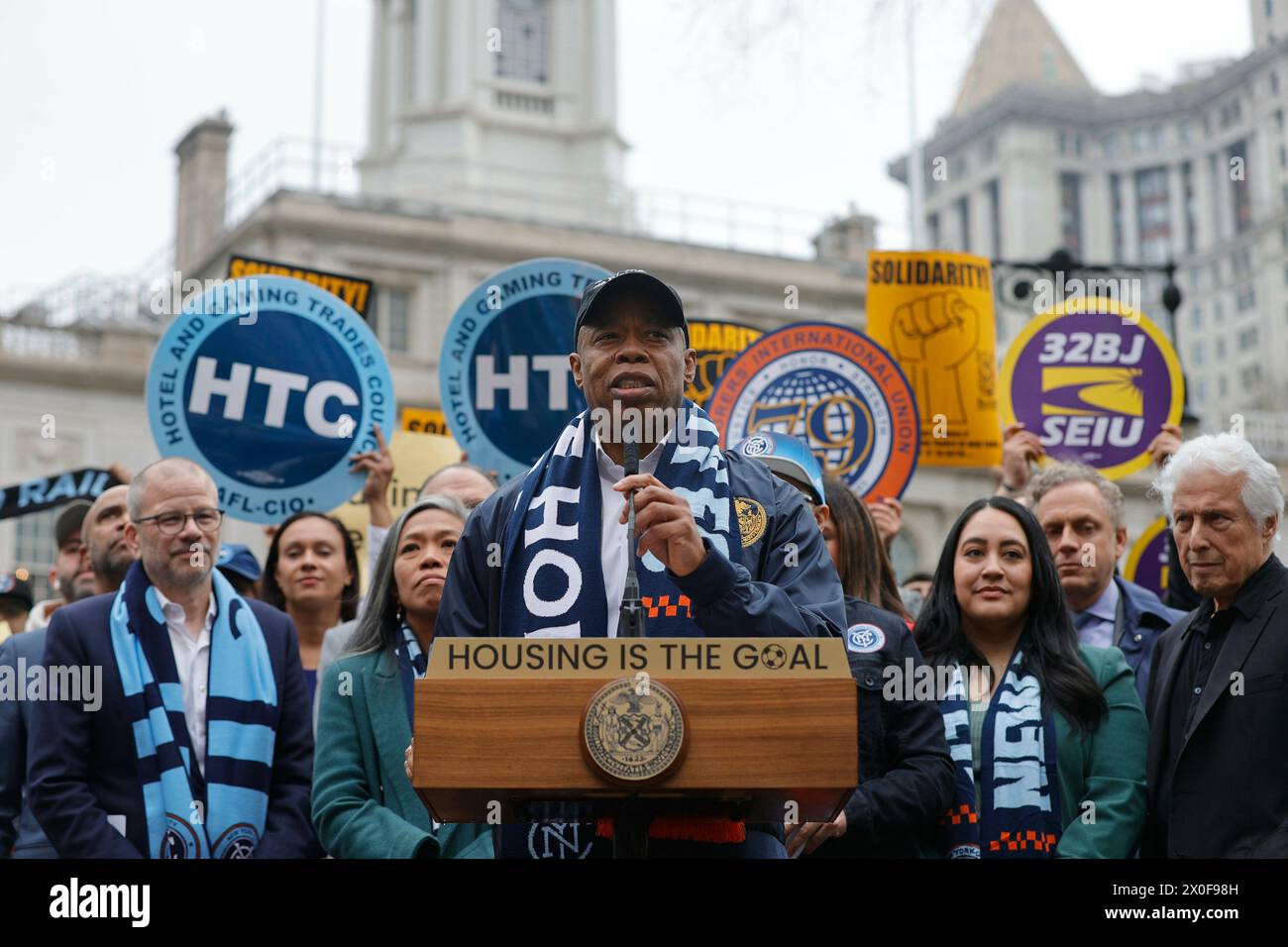 City Hall Park, New York, USA, April 11, 2024 - New York City Mayor Eric Adams delivers remarks at New York City Football Clubs (NYCFC) rally in support of the Willets Point Transformation, which will bring 100 percent affordable housing, economic activity, and New York City first-ever soccer-specific stadium to Queens. Photo: Luiz Rampelotto/EuropaNewswire Editorial Use Only. Not for Commercial USAGE! Stock Photo
