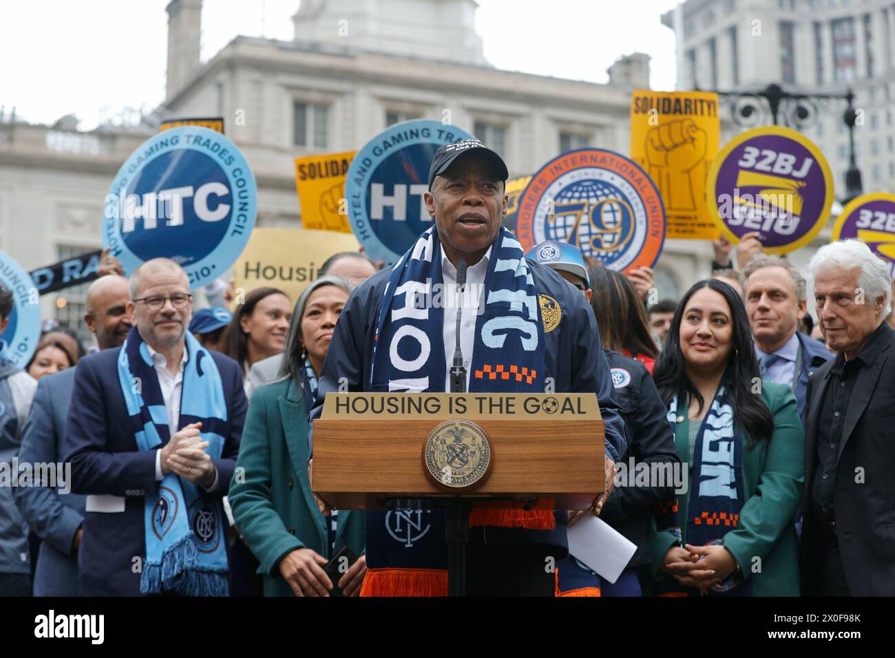 City Hall Park, New York, USA, April 11, 2024 - New York City Mayor Eric Adams delivers remarks at New York City Football Clubs (NYCFC) rally in support of the Willets Point Transformation, which will bring 100 percent affordable housing, economic activity, and New York City first-ever soccer-specific stadium to Queens. Photo: Luiz Rampelotto/EuropaNewswire Editorial Use Only. Not for Commercial USAGE! Stock Photo