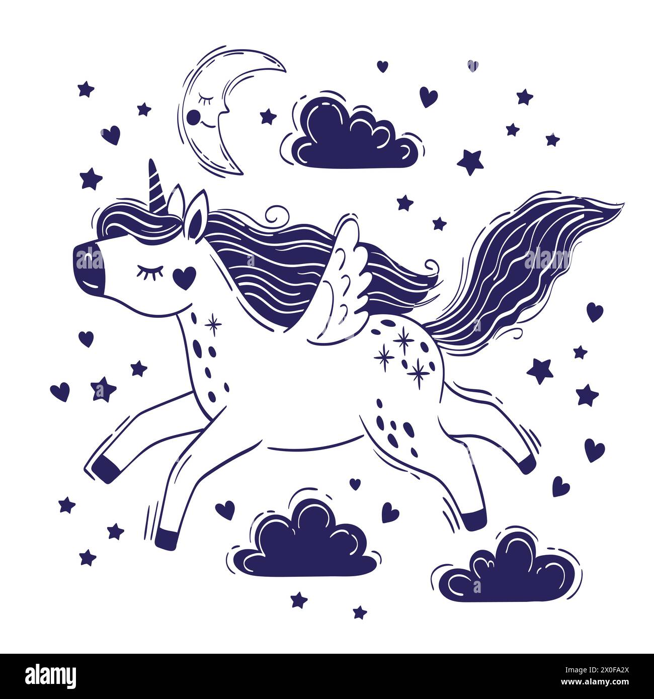 Cute little magical unicorn flying among fluffy clouds. Vector hand drawing illustration isolated on white background Stock Vector