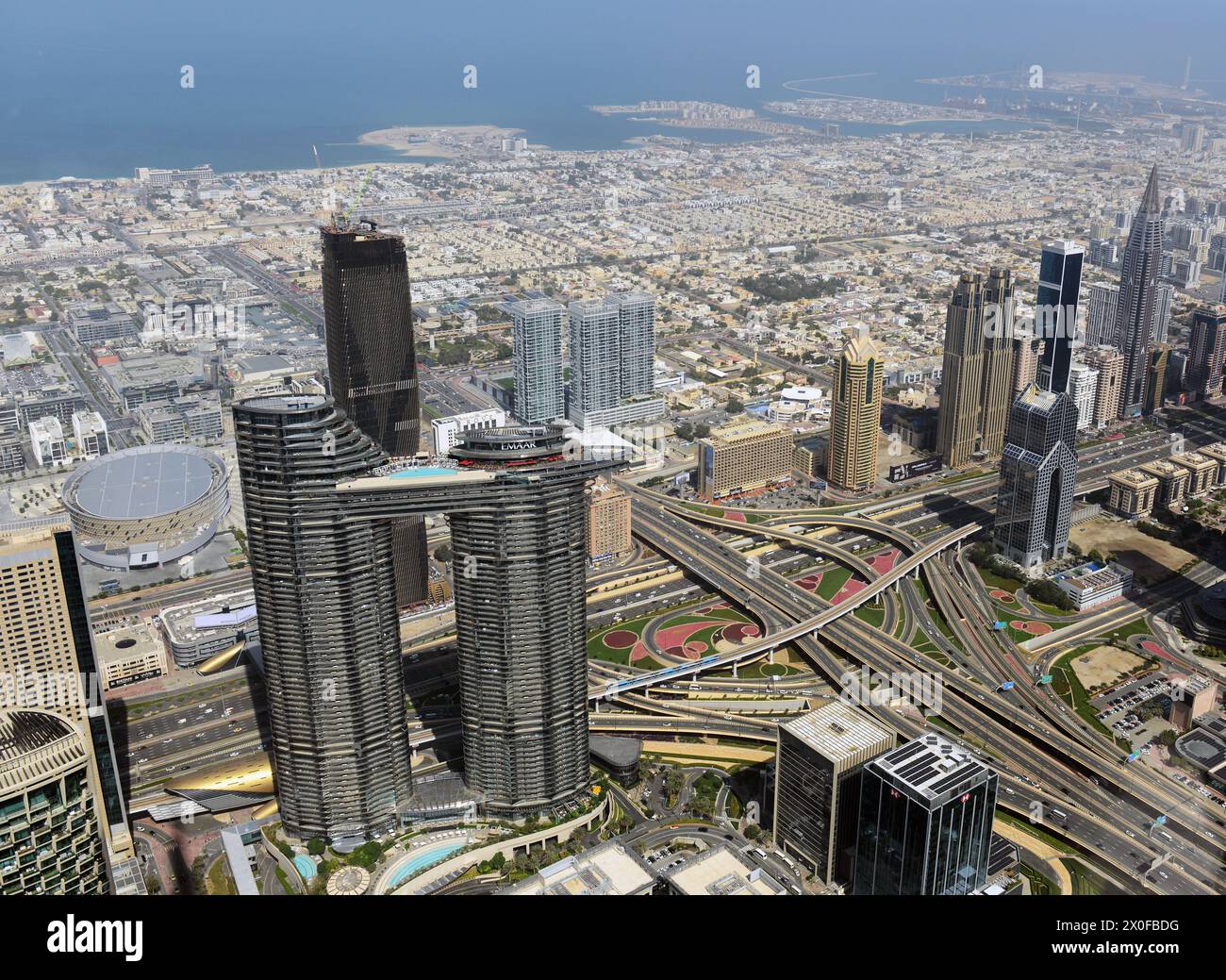 Aerial view of the Dubai interchange in downtown Dubai, UAE. Stock Photo