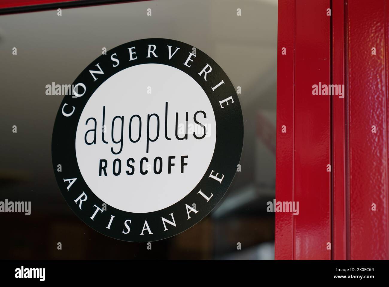 Roscoff , France -  04 08 2024 :  Algoplus Roscoff brand logo store and sign text shop artisanal cannery harvesting and processing edible algae in Ros Stock Photo