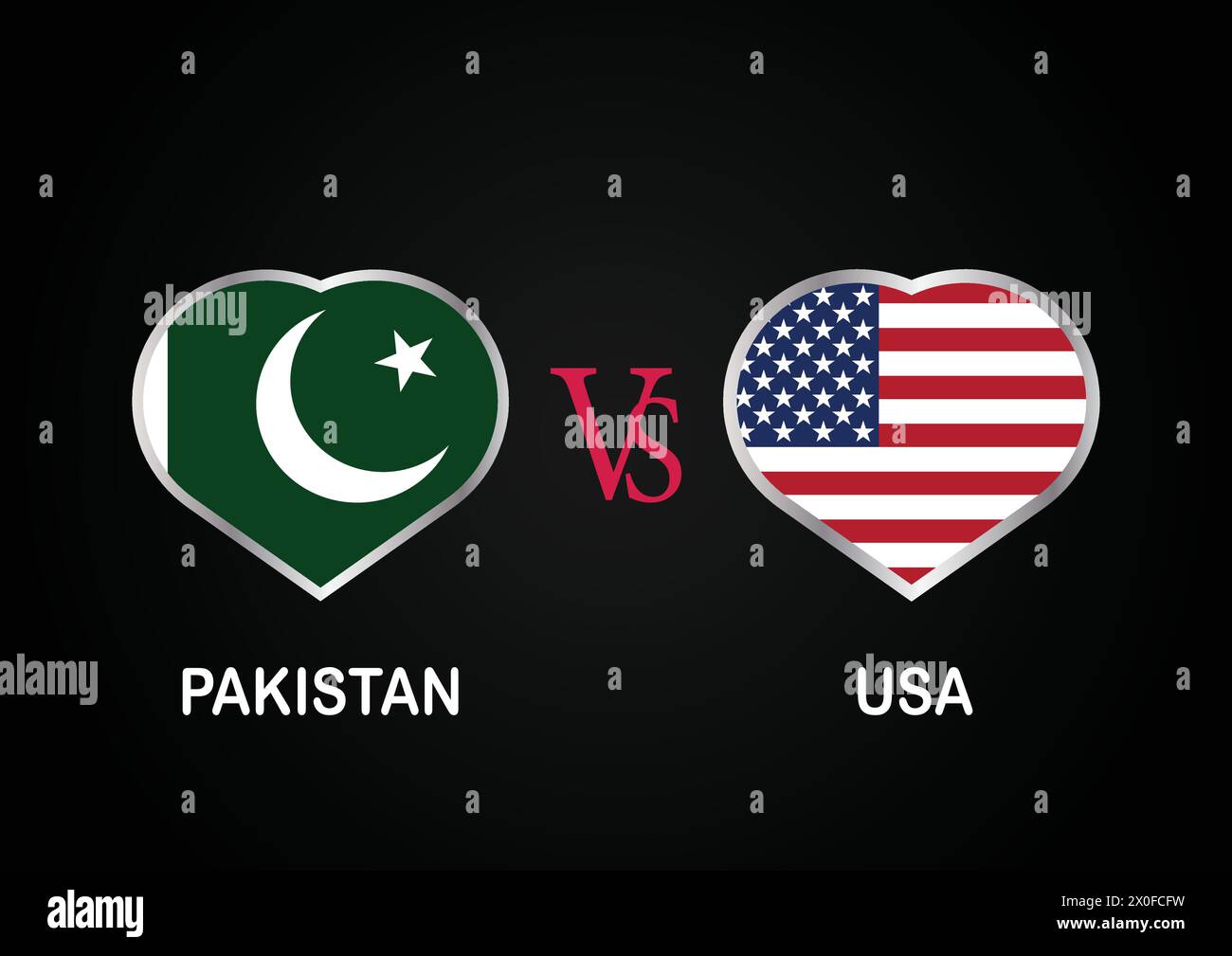 Pakistan Vs USA, Cricket Match concept with creative illustration of participant countries flag Batsman and Hearts isolated on black background Stock Vector