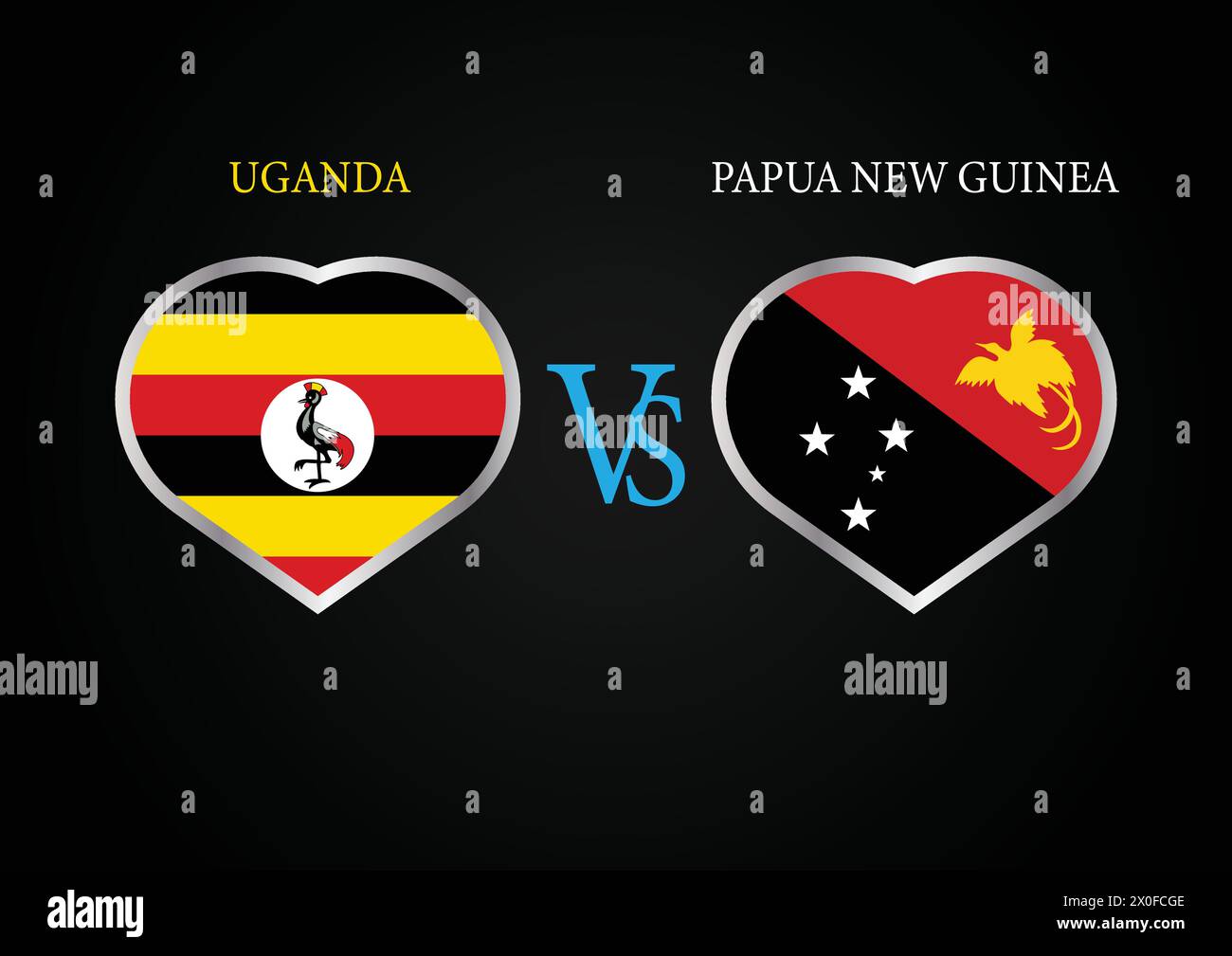 Uganda Vs Papua New Guinea, Cricket Match concept with creative illustration of participant countries flag Batsman and Hearts isolated on black Stock Vector