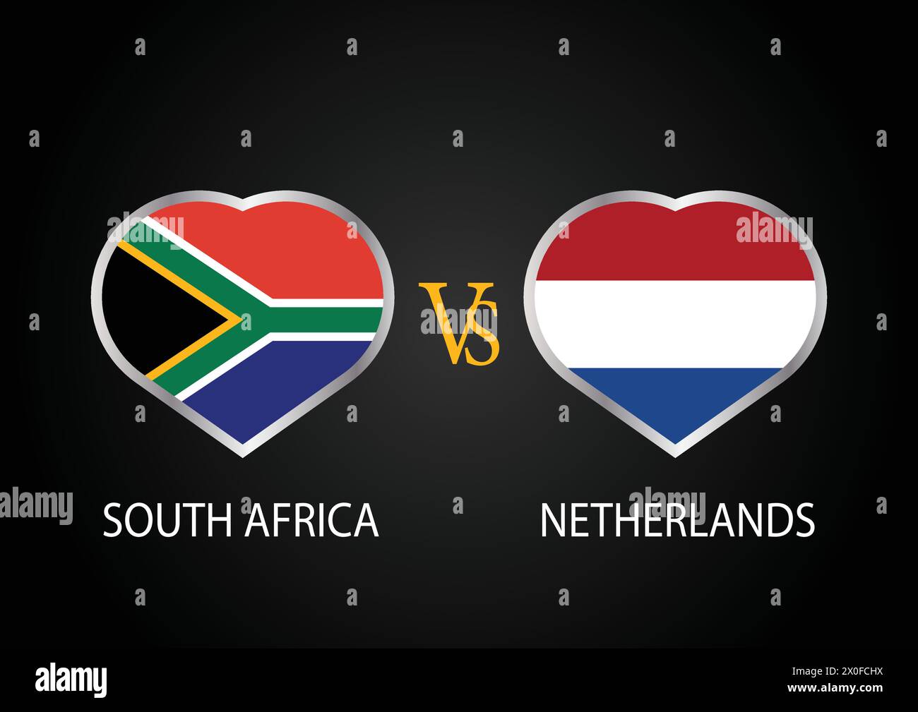 South Africa Vs Netherlands, Cricket Match concept with creative illustration of participant countries flag Batsman and Hearts isolated on black Stock Vector