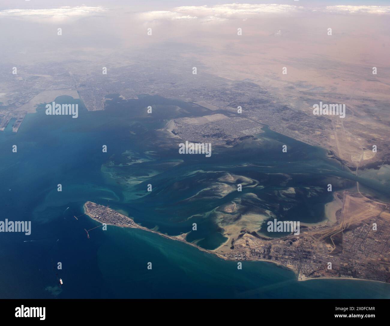 Aerial view of Ras Tanura and the Tarout Bay in Saudi Arabia. Stock Photo