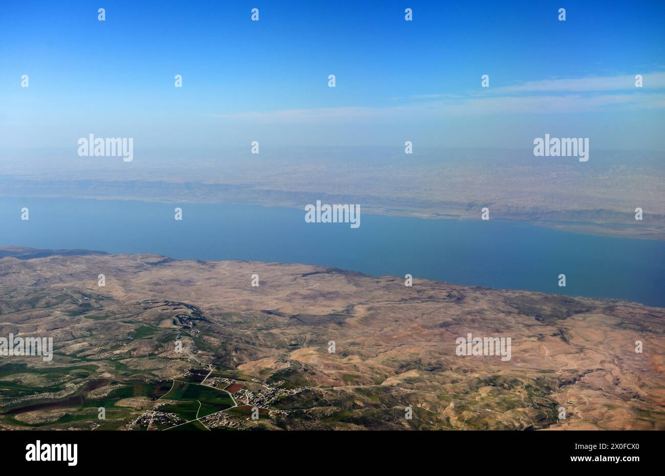 An aerial view of the  the Dead Sea seen from Jordan. Stock Photo