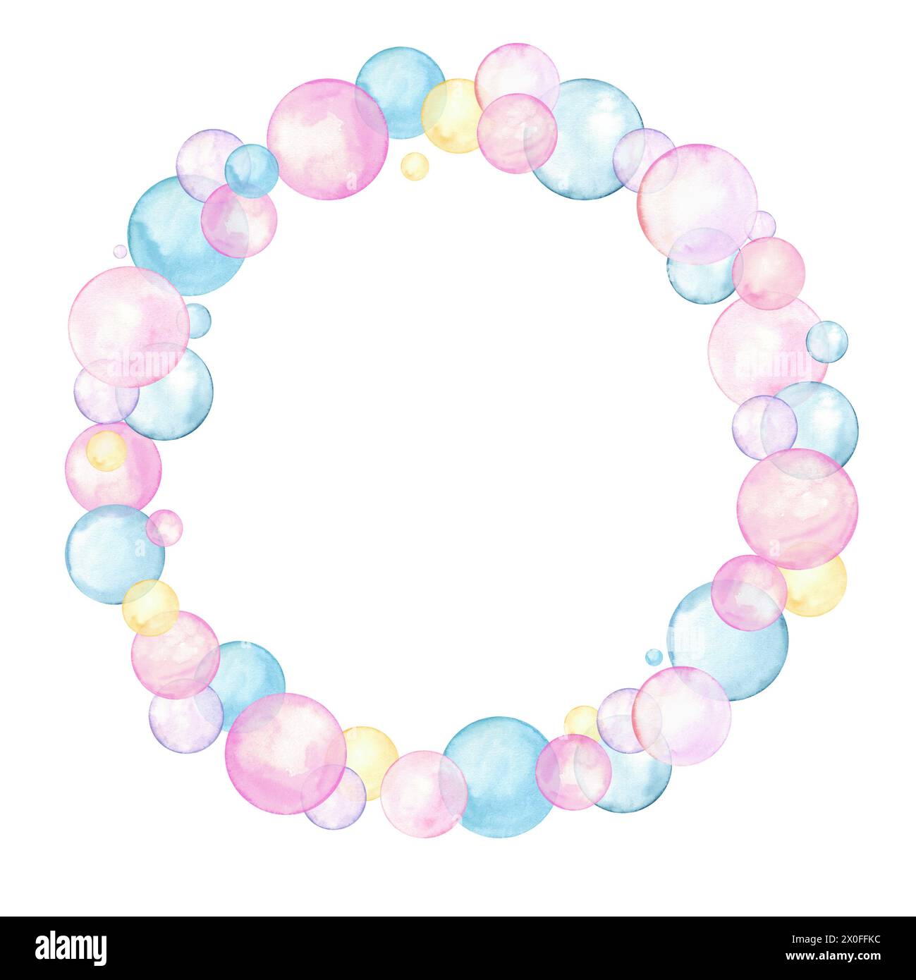 Rainbow colorful bubble blowers. Pink, blue, yellow polka dots. Multicolored circle in soft pastel colors. Wreath with underwater drops, bubbles Stock Photo