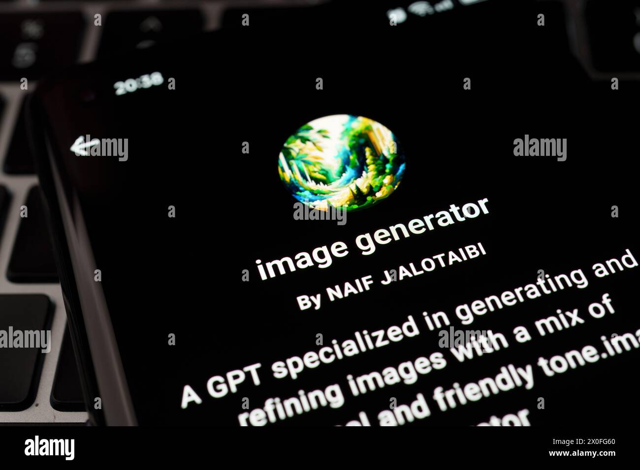 IMAGE GENERATOR custom GPT seen in GPT Store on the screen of smartphone placed on laptop keyboad. Stafford, United Kingdom, April 8, 2024 Stock Photo