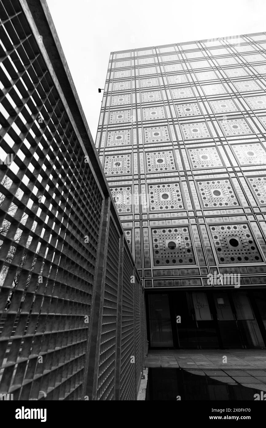 Institut du Monde Arabe in Paris, Modern building structure forming a mosaic. Stock Photo