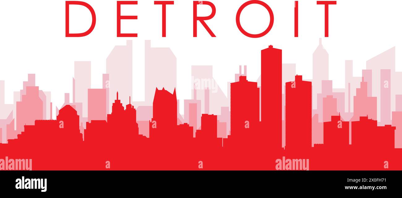 Red panoramic city skyline poster of DETROIT, UNITED STATES Stock Vector