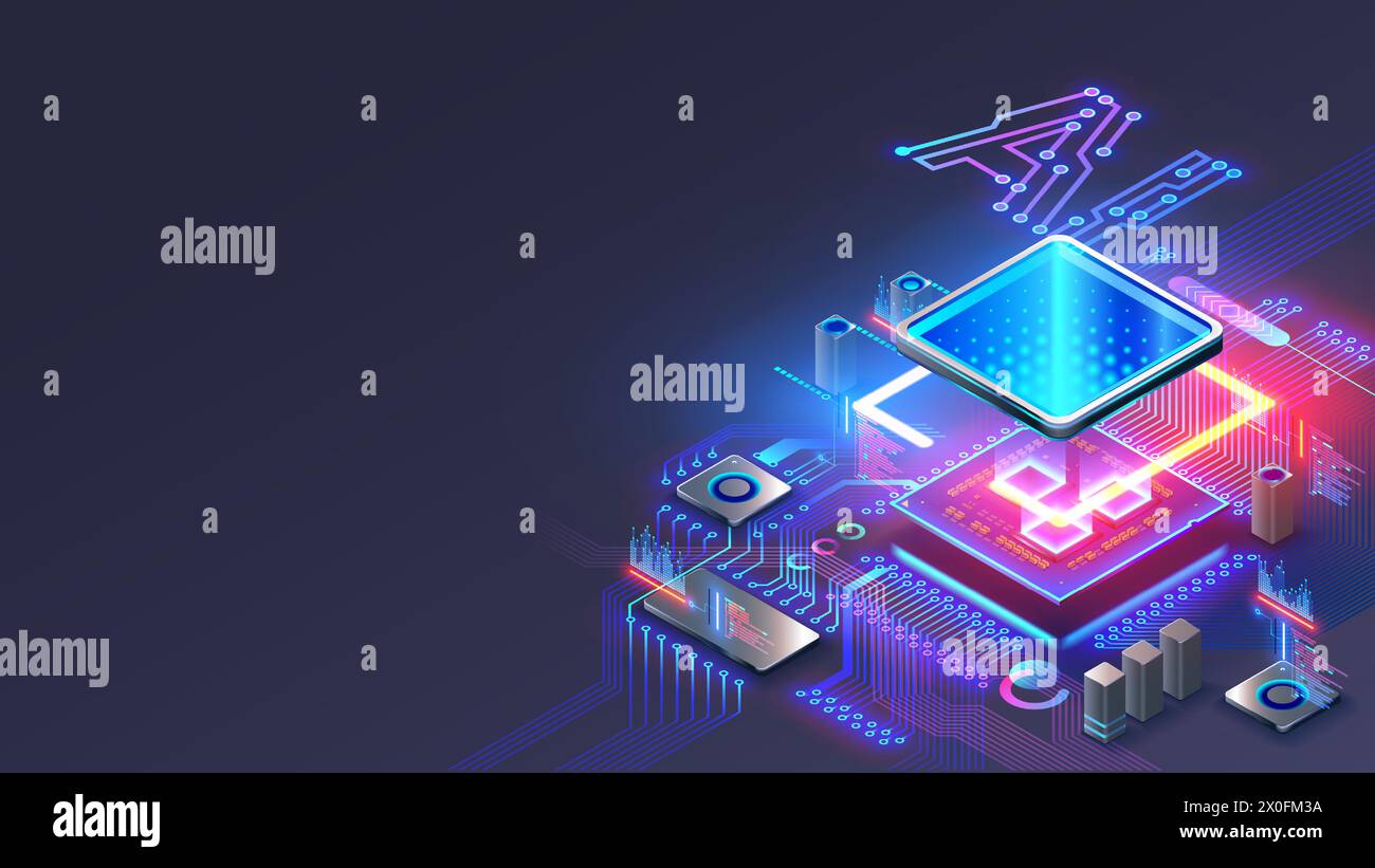 Processor with integration AI. AI Letters on chip. CPU connected to motherboard . Artificial intelligence technology in electronic chip on pcb board. Stock Vector