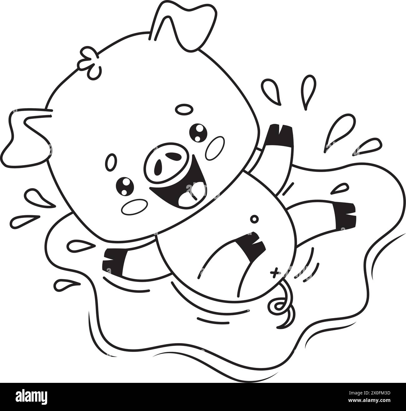 Happy smiling pig splashing in puddle of water. Cute outline animal cartoon character. Line drawing, coloring book. Vector illustration. Kids collecti Stock Vector