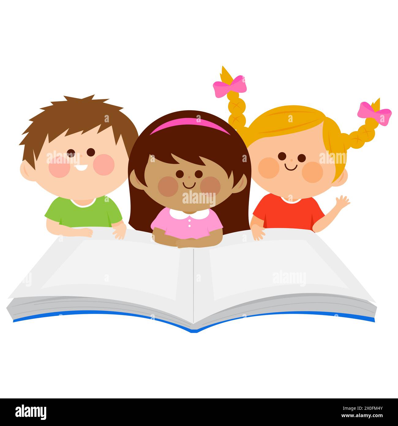 Children reading an open book. Student kids at the library study their homework. Stock Photo
