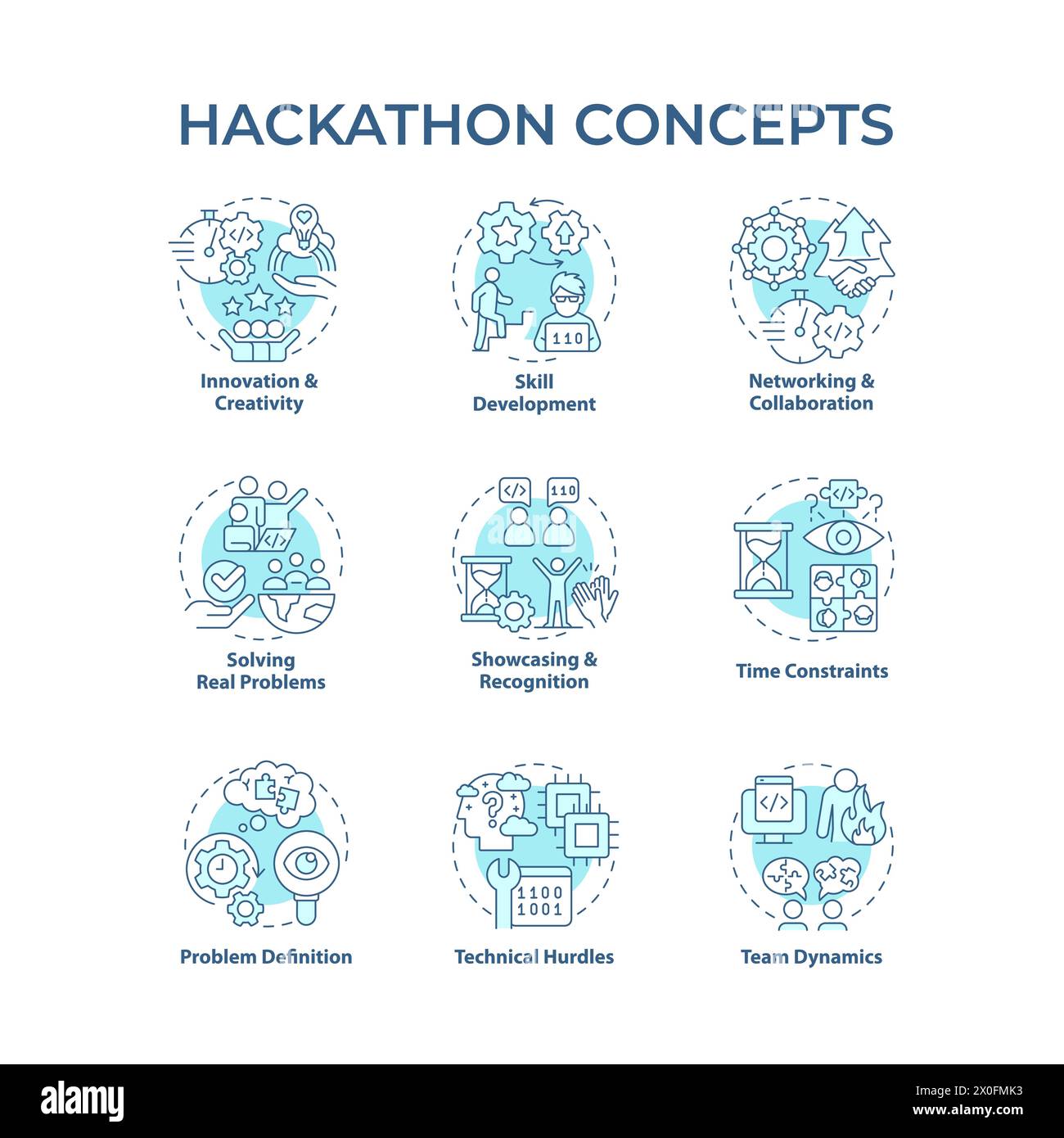 Hackathon soft blue concept icons Stock Vector