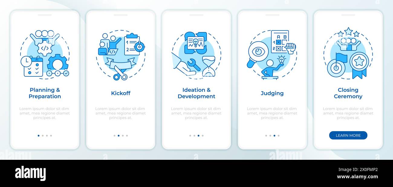 Hackathon process structure blue onboarding mobile app screen Stock Vector