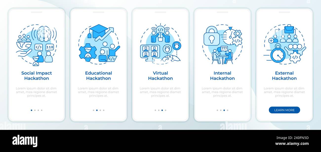 Hackathons types blue onboarding mobile app screen Stock Vector