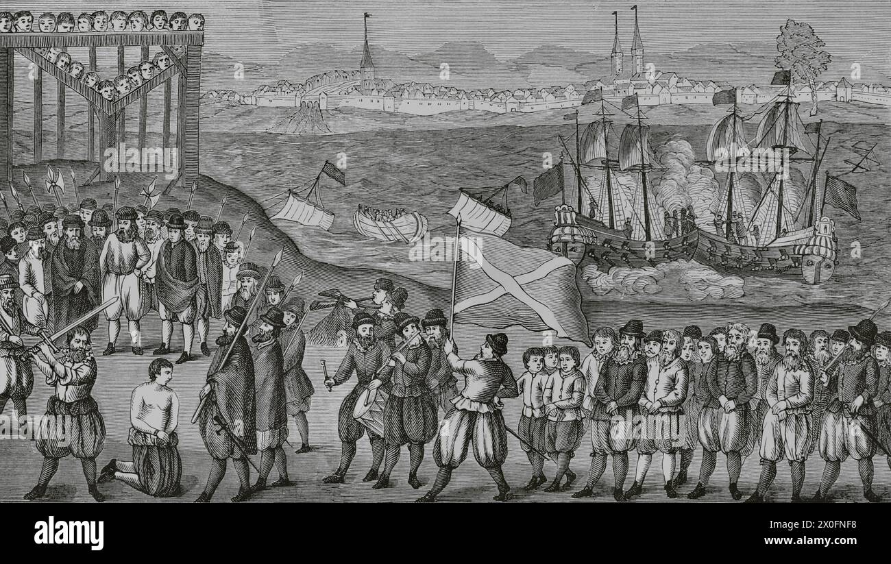 Execution of the pirate Klaus Störtebeker (ca. 1360-1401) and the seventy of his accomplices of the brotherhood of which he was the leader, known as the Victual Brothers, on 20 October 1401 in Hamburg. Engraving based on a popular image from the end of the 16th century. 'Moeurs, usages et costumes au moyen-âge et à l'époque de la Renaissance', by Paul Lacroix. Paris, 1878. Stock Photo