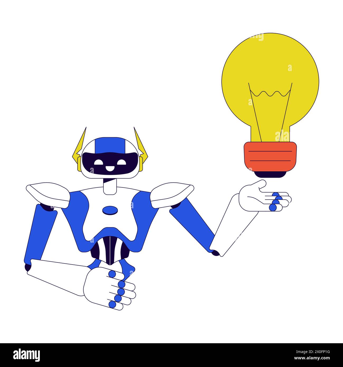 Robot assistant generating idea 2D linear cartoon character Stock Vector