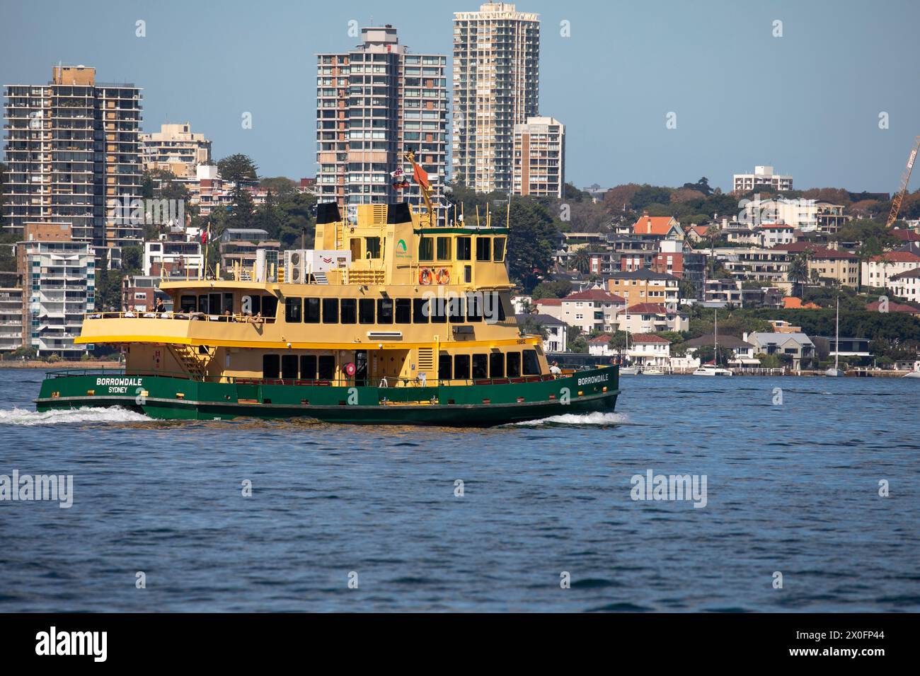 Sydney harbour and Sydney ferry MV Borrowdale, a first fleet class ferry, provides public transport service between ferry wharves on Sydney harbour Stock Photo