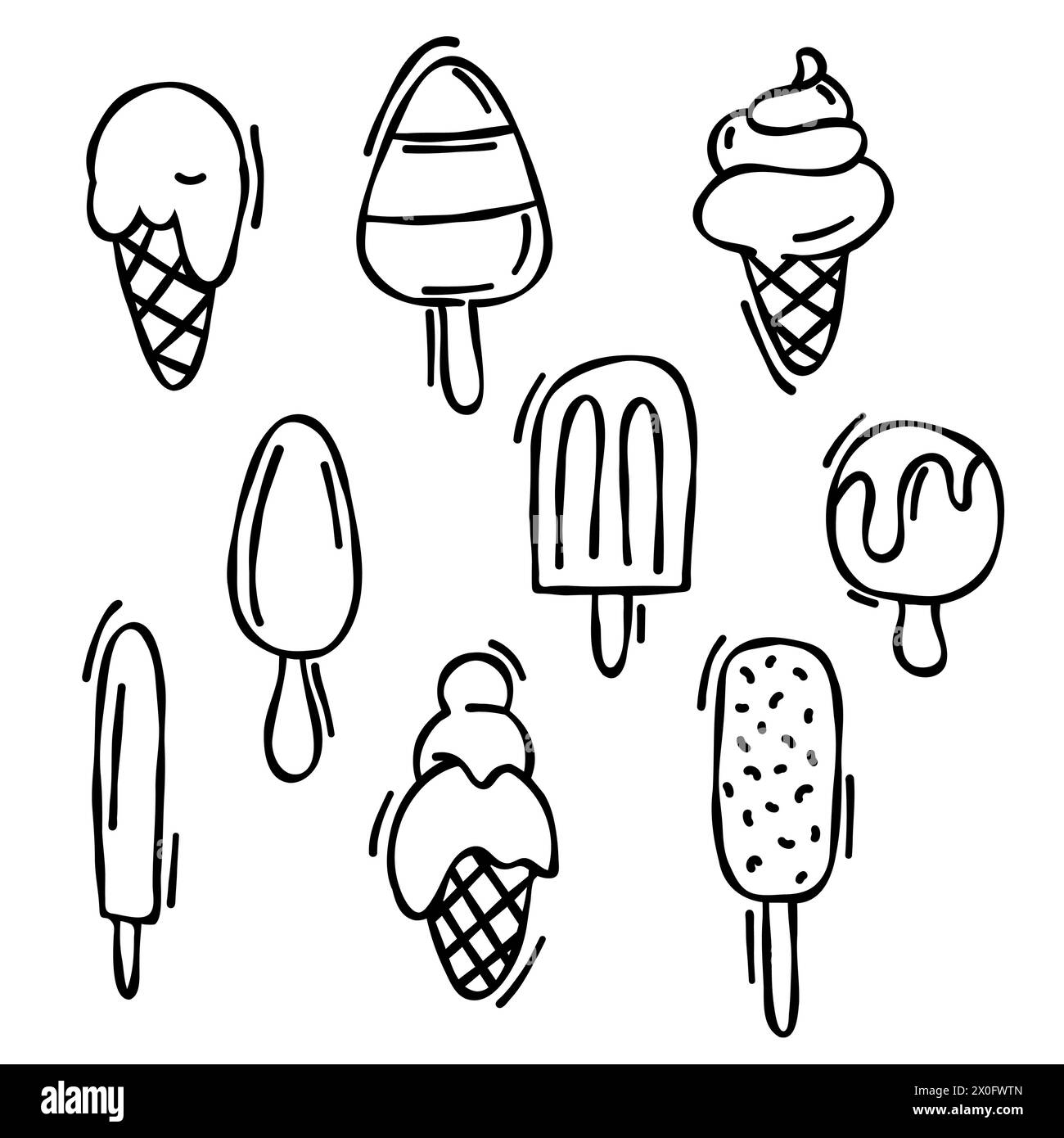 Hand Drawn Doodle Set Of Different Types Of Ice Cream Waffle Cone