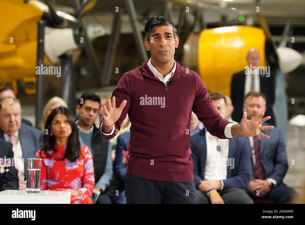 Prime Minister Rishi Sunak during a Q&A event with veterans in north west London, as he launches an employment plan which pledges to help veterans secure high-paid jobs after they leave the armed forces. Picture date: Friday April 12, 2024. Stock Photo