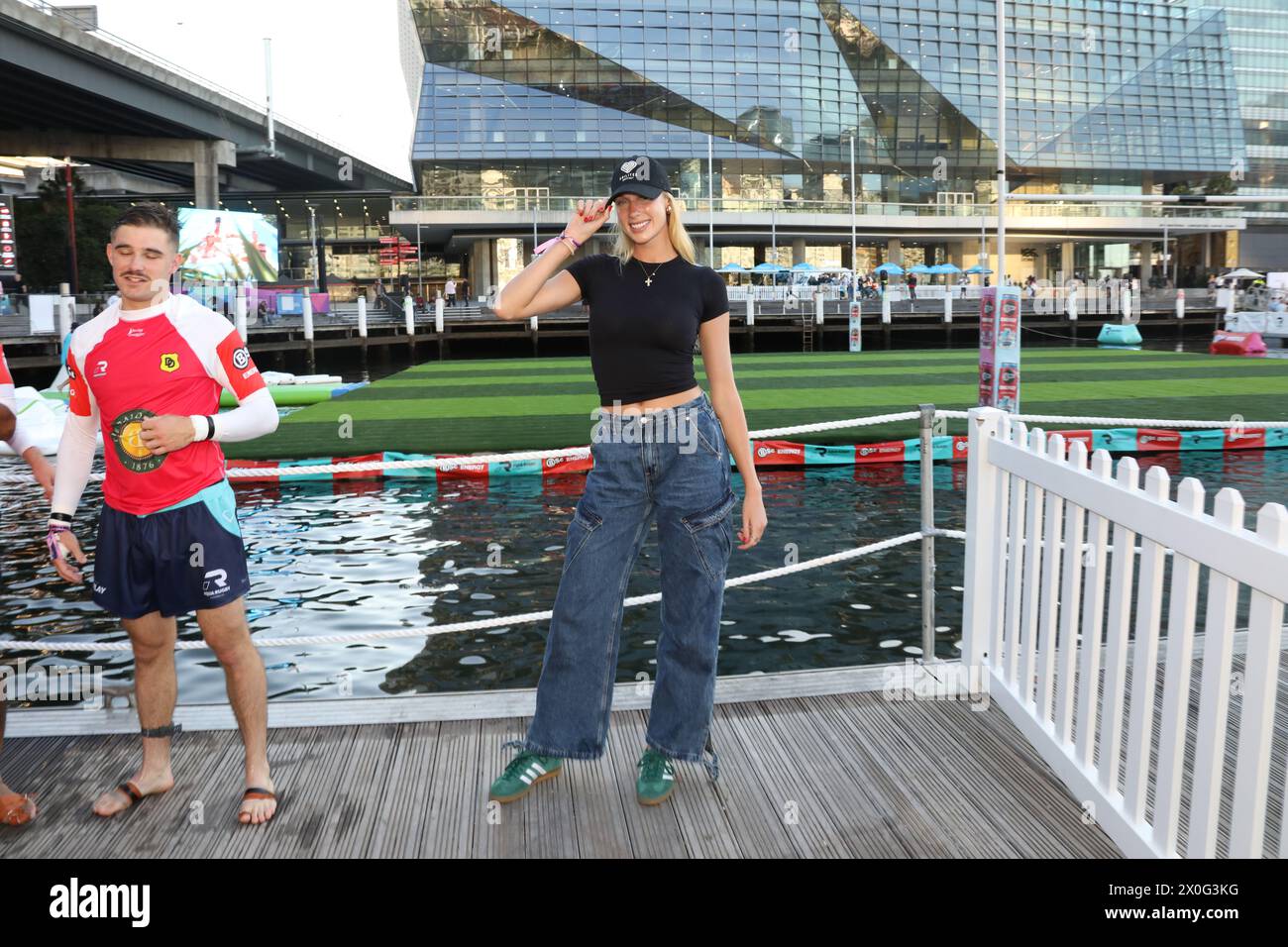 Sydney, Australia. 12th April 2024. The BSc Aqua Rugby Festival on a 30x30 metre floating pontoon at Darling Harbour. Pictured: Sarah Marschke, Former Miss Australia, Survivor Contestant and Founder of Abilitee. Credit: Richard Milnes/Alamy Stock Photo