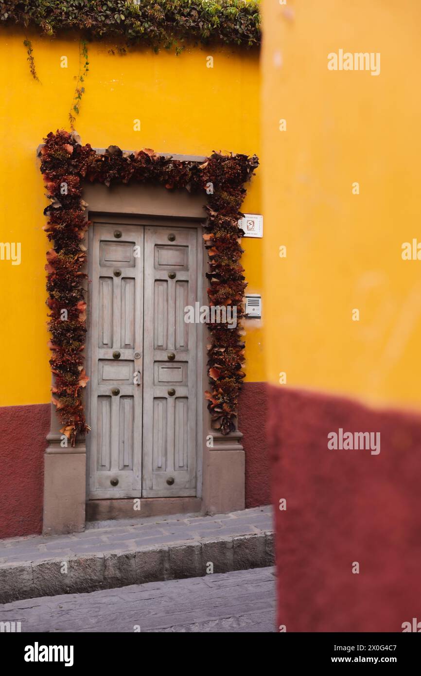 Colorful building and flowers around wooden door. Stock Photo