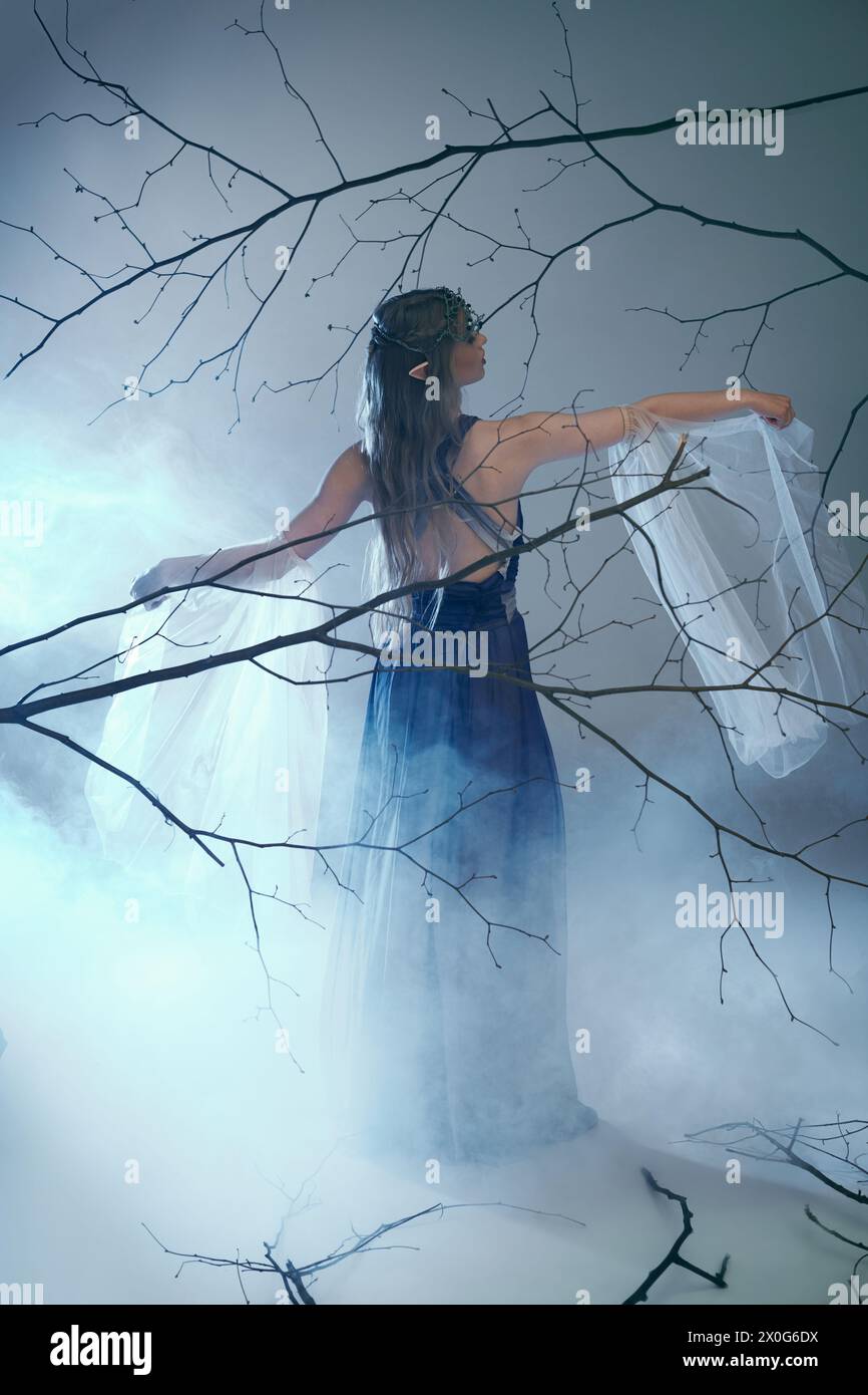 A young woman in a blue dress stands in a foggy forest, embodying a fairy tale character or elf princess. Stock Photo