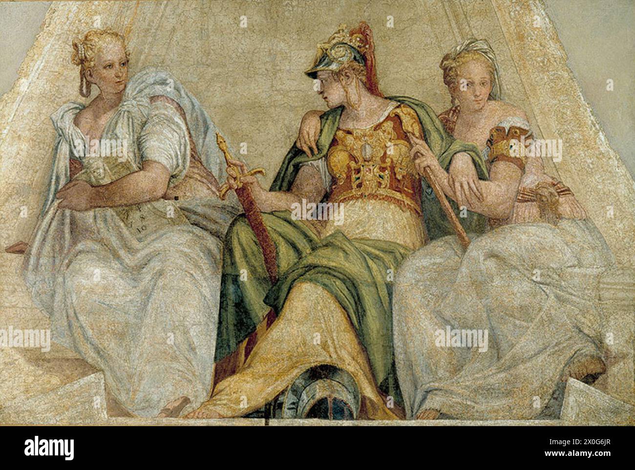 Minerva between Geometry and Arithmetic is a 1550 fresco fragment, usually attributed to Paolo Veronese but by some art historians to Anselmo Canera or Giambattista Zelotti. I Stock Photo