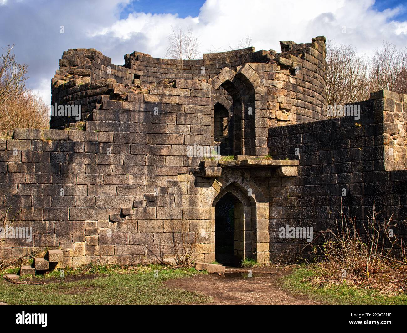 The section of a tower in the ruins of Liverpool Castle, with evidence of steps being removed and two doorways at different levels Stock Photo