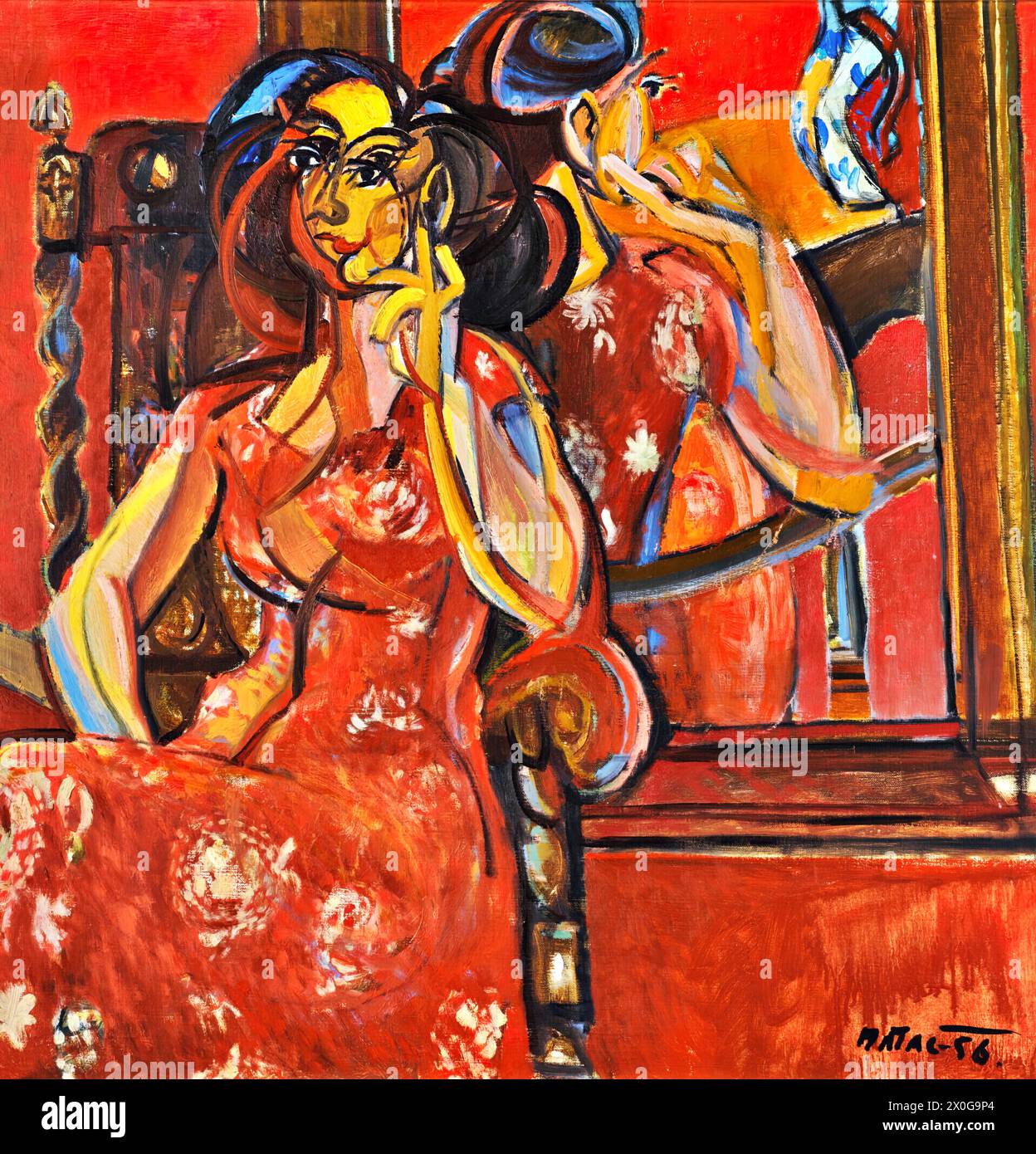 Woman in Red, 1956 (Painting) by Artist Matal, Bohumr (1922-1988) Czech. Stock Vector