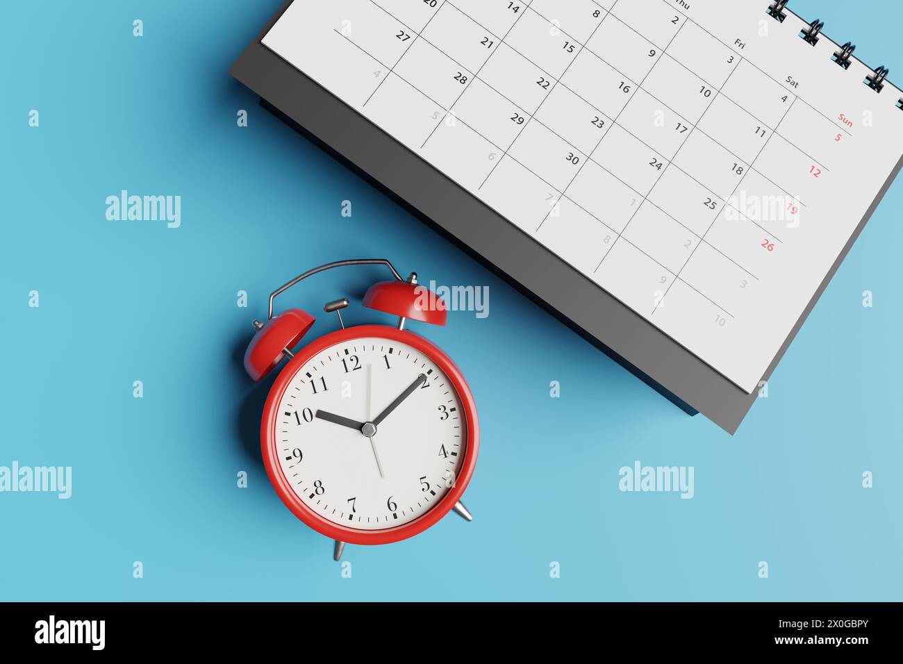 Black desk calendar and red alarm clock on blue background. Illustration of the concept of tight schedule, deadlines, due dates and workload Stock Photo